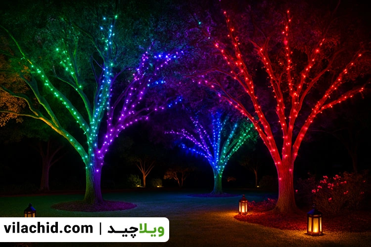 درختان تزیین شده با چراغ های رنگی زیبا